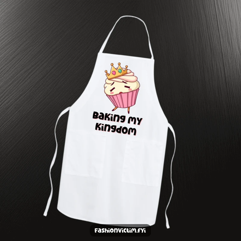 Funny apron showcasing a confused cupcake with a backward crown, tripping, ready for baking fun.