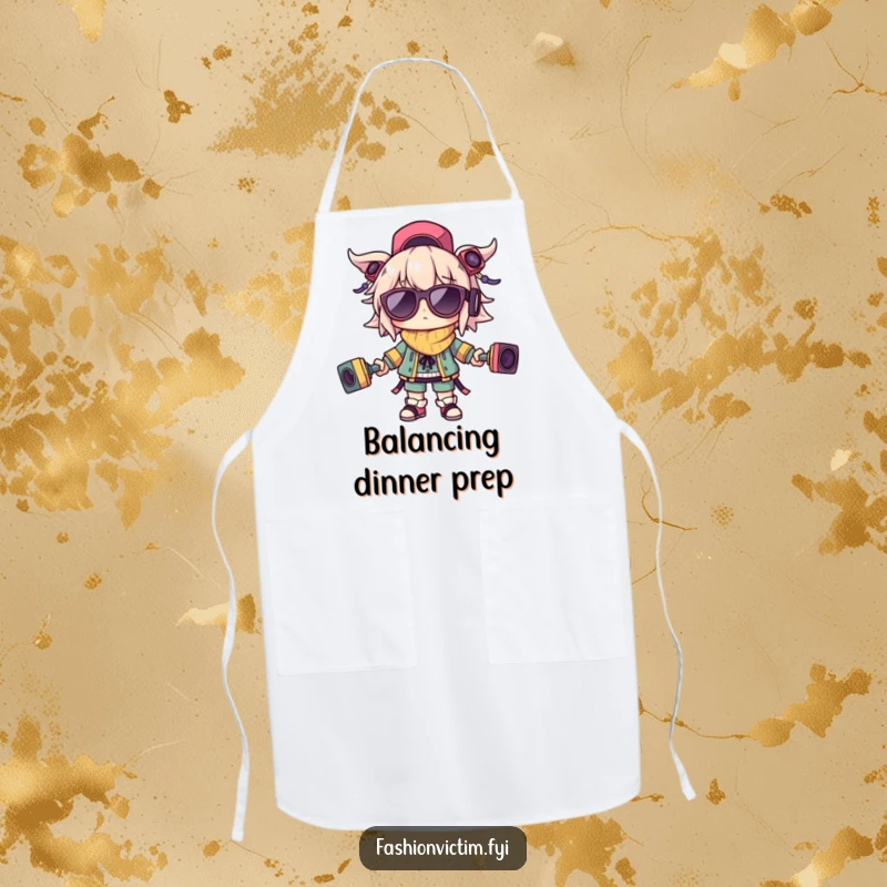 Funny apron showing a character balancing outlandish accessories, perfect for cooks and crafters who enjoy a humorous approach.