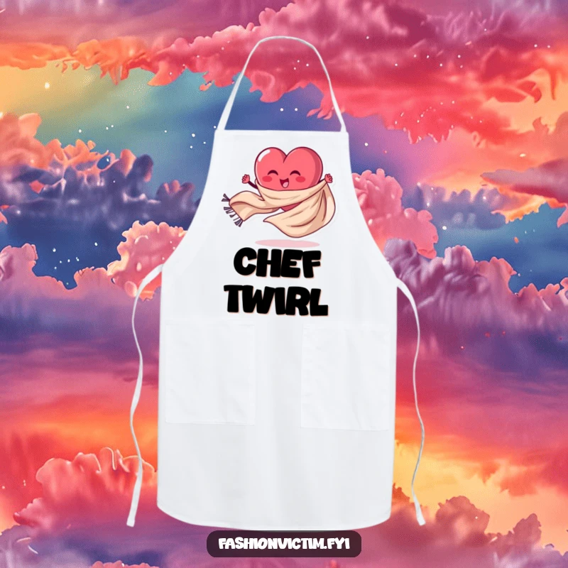 Funny Apron depicting a happy heart character energetically spinning a flowing scarf while cooking. Whimsical kitchenware.