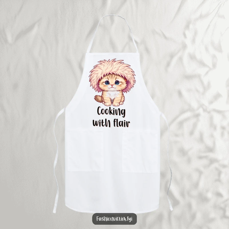 Funny apron showcasing a fluffy kitten hilariously falling over, its large feathered hat completing the scene.