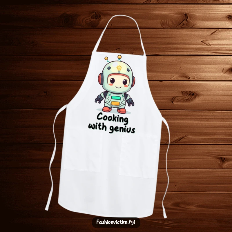 Funny apron with a cute robot with a lightbulb head looking very pleased. Humorous kitchen wear gift.