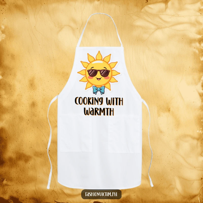 Funny apron with a cheerful smiling sun wearing sunglasses and a bowtie. Humorous kitchen wear gift.