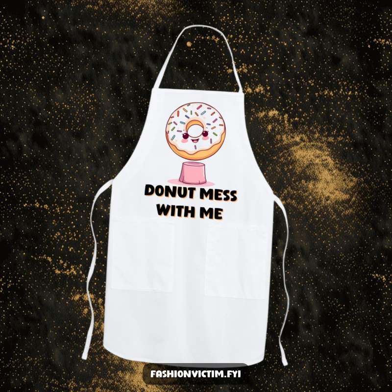 Funny apron showcasing a dramatic donut with sprinkles striking an elegant pose on a tiny pedestal, ideal for kitchen humor.