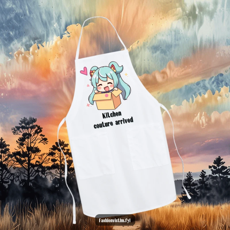 Funny Apron: A character excitedly unboxing an oversized, brightly colored accessory while in the kitchen, a humorous culinary statement.