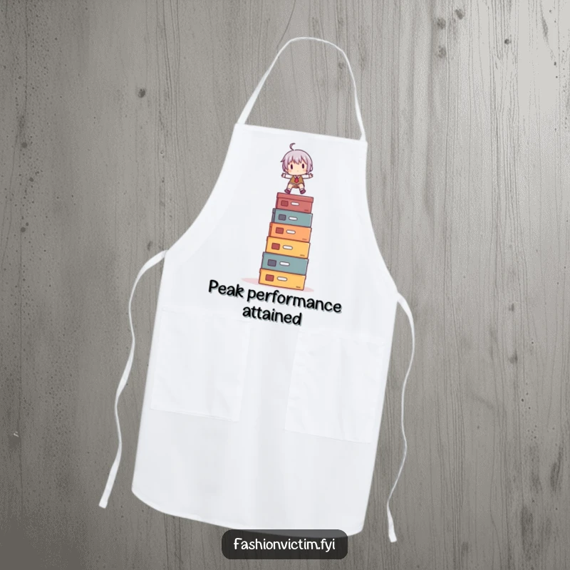 Funny Apron: A character expertly balancing on a stack of shoe boxes while cooking, a hilarious addition to any kitchen.