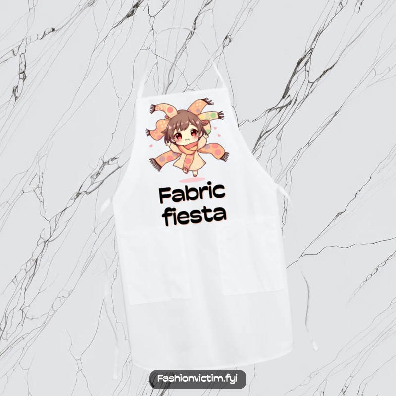 Funny apron illustration of a character joyfully spinning with a vibrant bouquet of wildly patterned scarves, ready for any stylish endeavor.