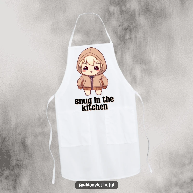 Funny Apron: A character struggling to zip a jacket that is clearly too small while cooking, a humorous kitchen statement.
