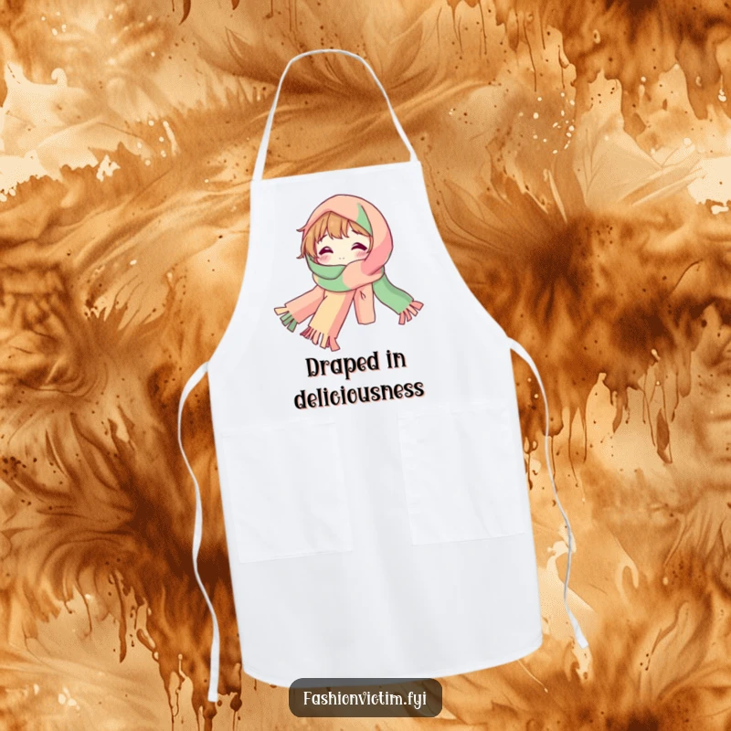 Funny Apron showing a bubbly character draped in a ridiculously long, colorful scarf, perfect for kitchen use.