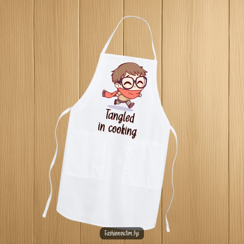 Funny apron with a character with exaggeratedly large glasses stumbling forward, tripping on a trailing scarf.