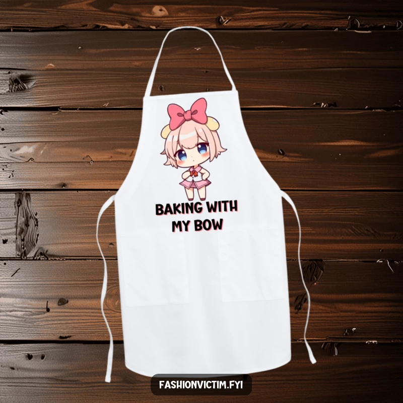 Funny apron featuring a confident girl character with a comically large bow, posing stylishly, perfect for kitchen humor.