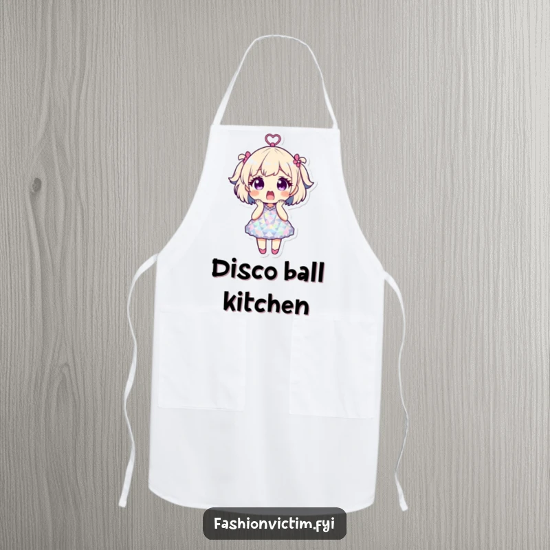 Funny apron showing a shocked character in a disco ball dress, perfect for cooks and hosts who enjoy a humorous, party vibe.