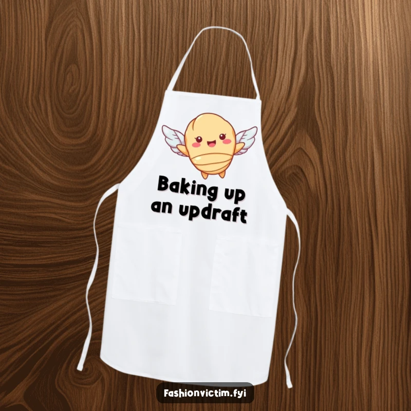 Funny apron with a cheerful croissant character flying with small wings, adding humor to cooking. A delightful pastry accessory.