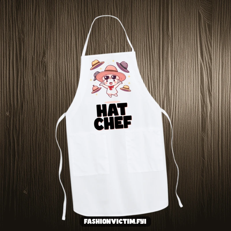 Funny apron depicting a small cloudburst character happily juggling oversized fashionable hats, perfect for adding humor to your cooking attire.