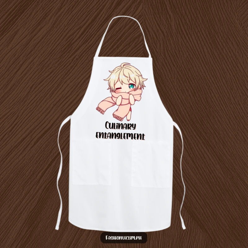 Funny apron depicting a character looking bewildered while tangled in a long, flowing scarf, a humorous kitchen accessory.