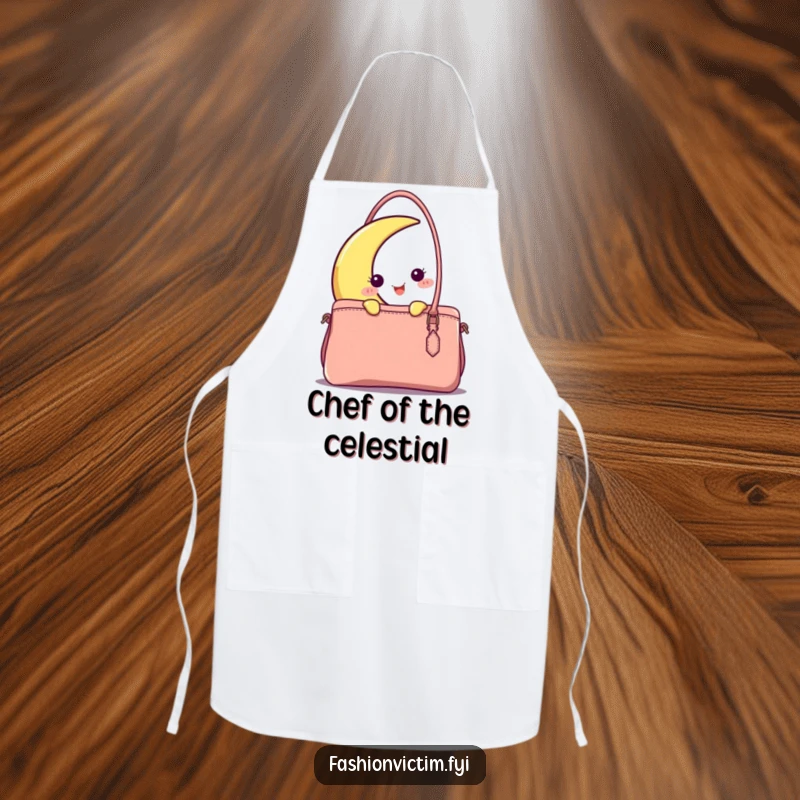 Funny happy crescent moon character peeking from behind a stylish handbag, adding humor to this practical and charming kitchen apron.