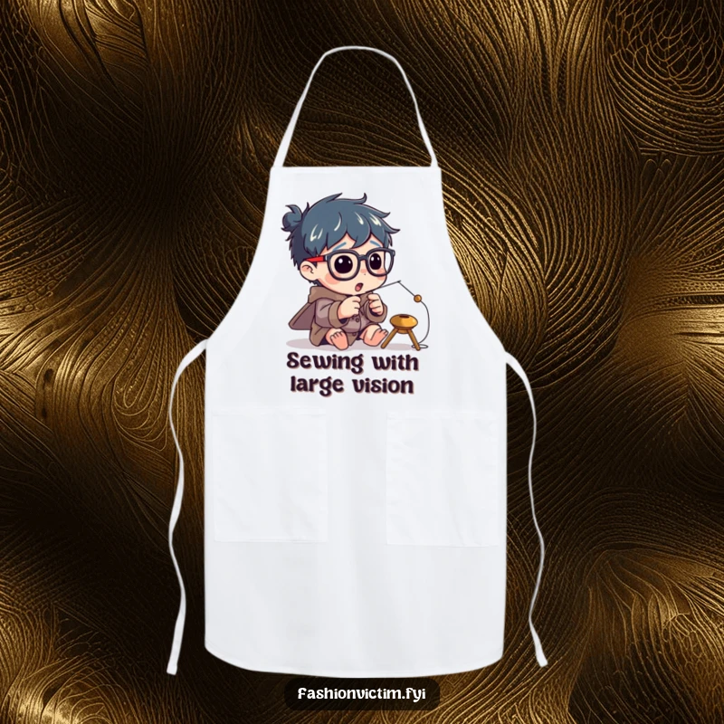 Funny apron depicting a character enthusiastically trying to thread a tiny needle while wearing comically large spectacles.