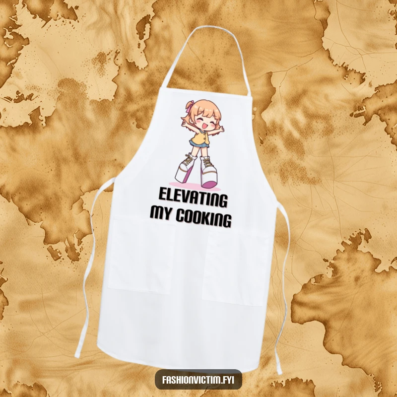 Funny apron of a character gleefully attempting to walk in extremely high platform shoes, for fashionable kitchen tasks.