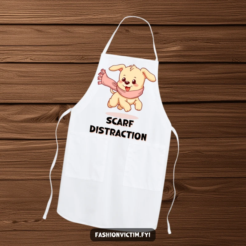 Funny apron with a playful puppy hilariously chasing a runaway, frilly scarf while cooking.