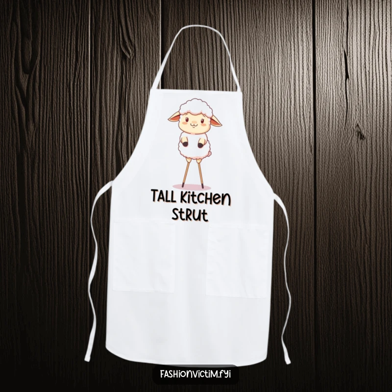 Funny apron with a fluffy sheep comically attempting to balance on stilts while cooking.