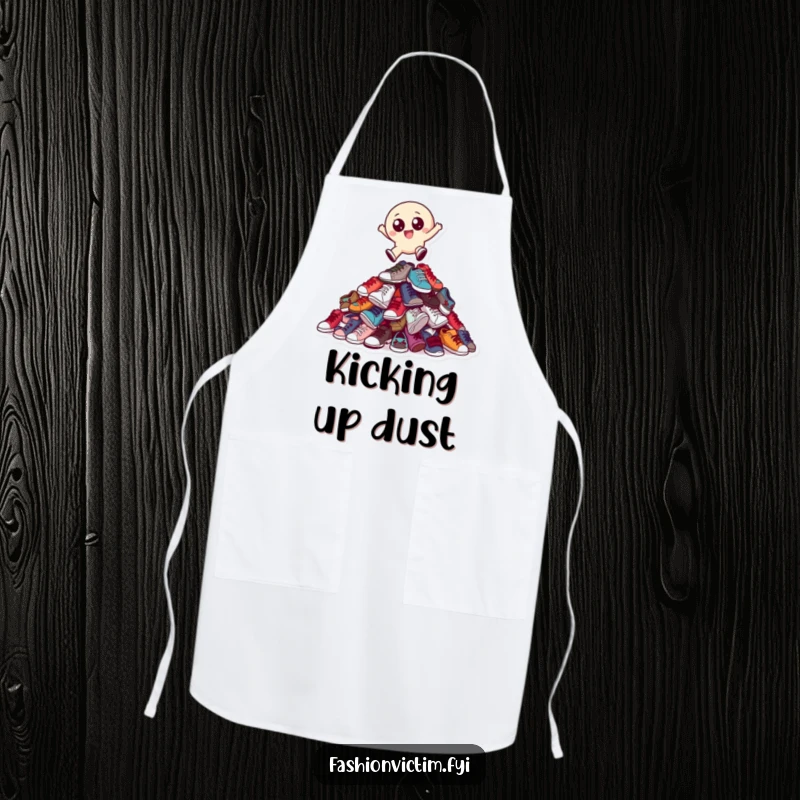Funny apron with a small, round character with big eyes joyfully leaping over a towering pile of mismatched shoes.