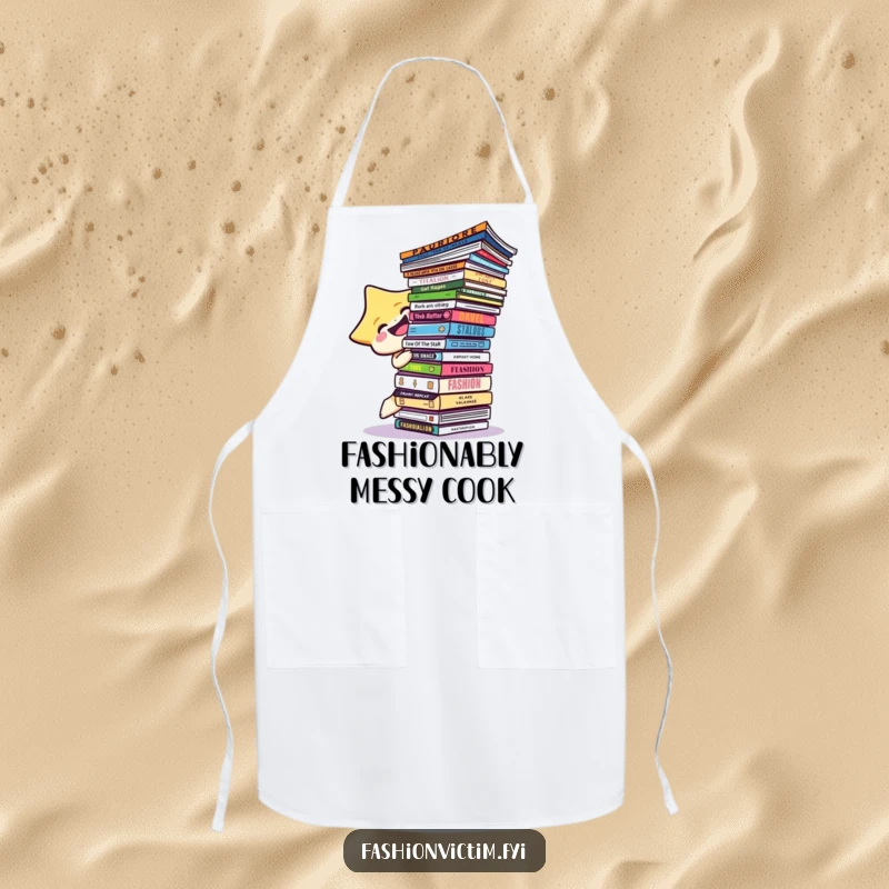 Funny star character attempting to balance a tall stack of fashion magazines while wearing a cute kitchen apron.