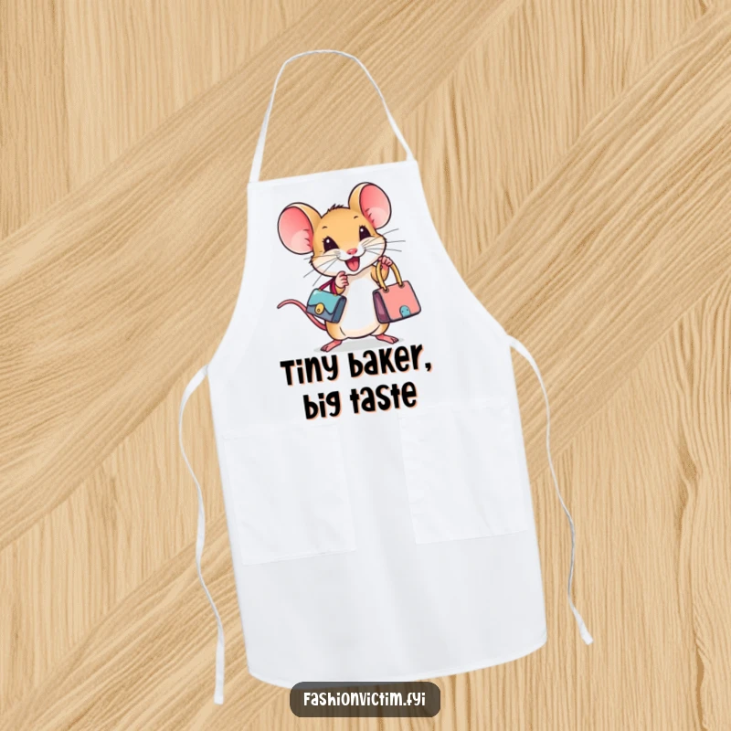 Funny apron depicting a tiny mouse excitedly holding a miniature designer handbag, ideal for stylish and humorous kitchen activities.
