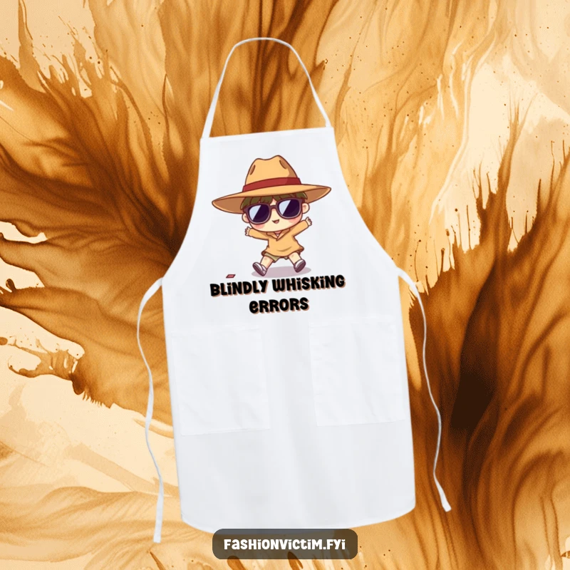Funny apron depicting a tiny character hilariously tripping due to a comically oversized hat and large sunglasses while cooking.