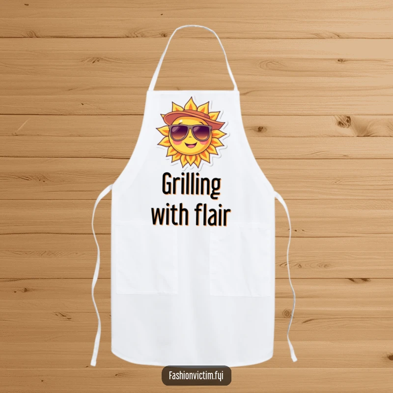 Funny Apron featuring a smiling sun character wearing oversized sunglasses and a fashionable hat, ready to cook.