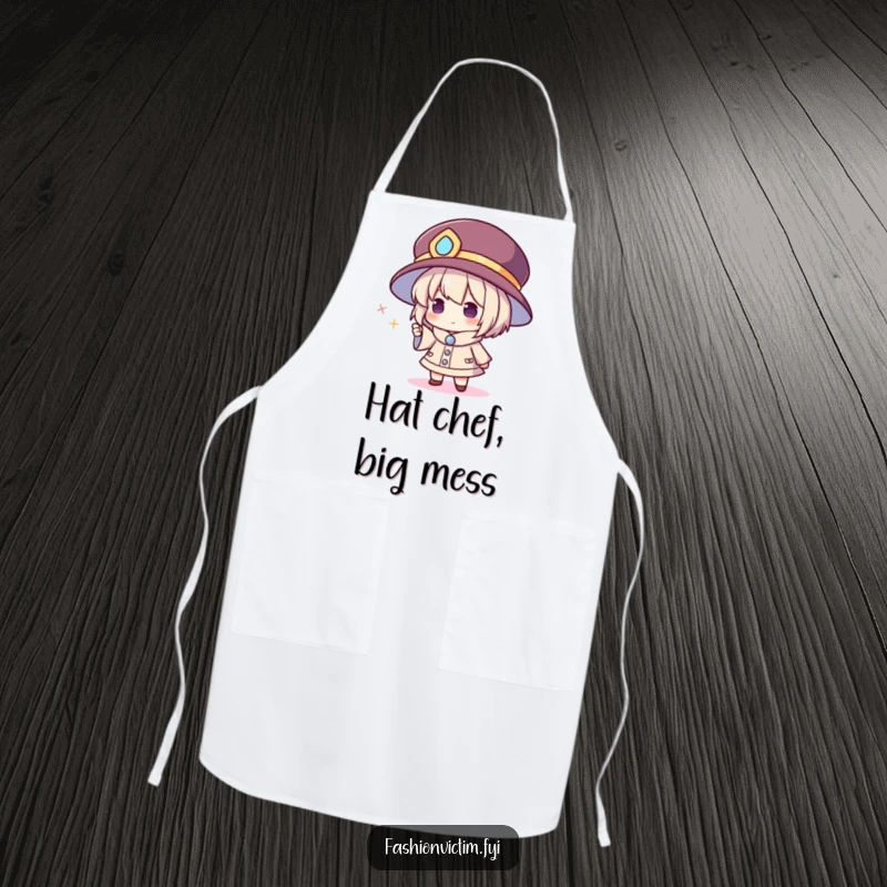 Funny apron showing a character in a huge hat pointing at a tiny, sparkling accessory, adding humor to cooking and kitchen adventures.