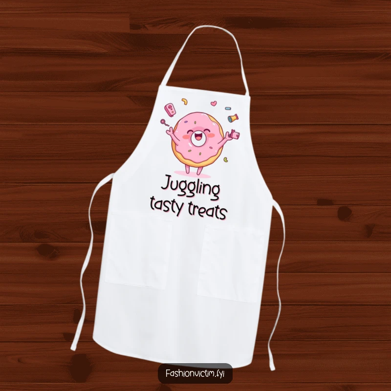 Funny apron featuring a pink donut character joyfully juggling tiny, colorful accessories, adding humor and sweetness to kitchen activities.