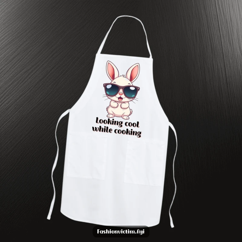Funny apron depicting a small bunny gleefully wearing gigantic sunglasses; a humorous and cool kitchen accessory.