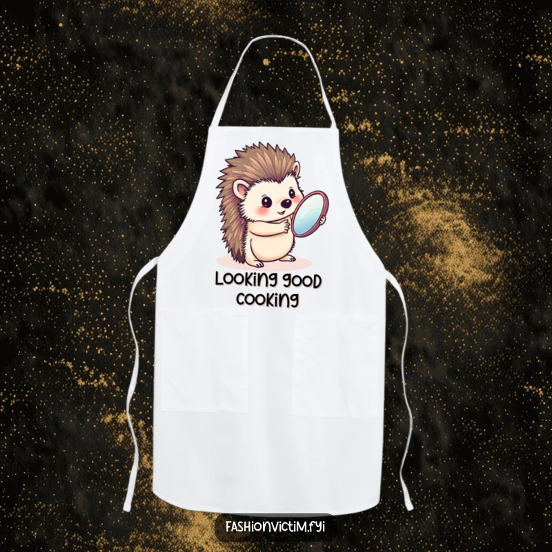 Funny apron depicting a charming hedgehog admiring itself in a handheld mirror, perfect for stylish and humorous kitchen tasks.