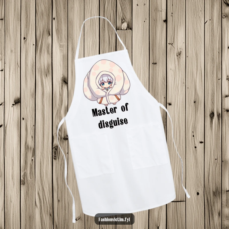 Funny Apron showing a cute character peeking from behind an enormous, vibrant patterned garment, perfect for a humorous cooking experience.