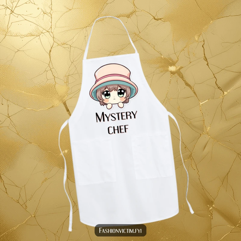 Funny apron showing a character's wide eyes peeking from behind a very large hat, for kitchen activities.