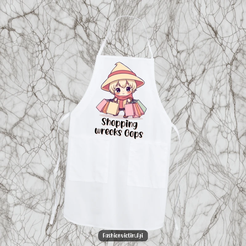 Funny apron depicting a child character in an oversized hat tripping while holding shopping bags, a humorous kitchen accessory.