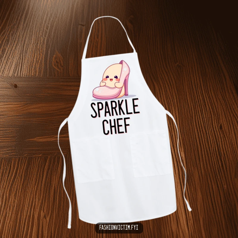 Funny apron depicting a cheerful blob character admiring a ridiculously large, sparkly shoe, bringing fashionable humor to kitchen wear.