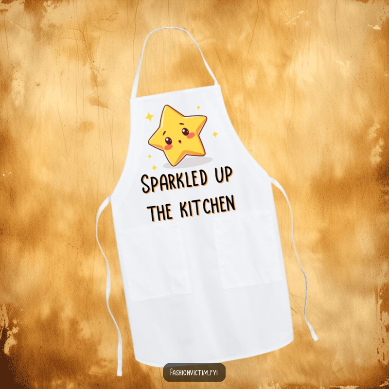 Funny apron featuring a cute star character tripping over its own sparkle with a surprised expression, adding humor to cooking and baking.