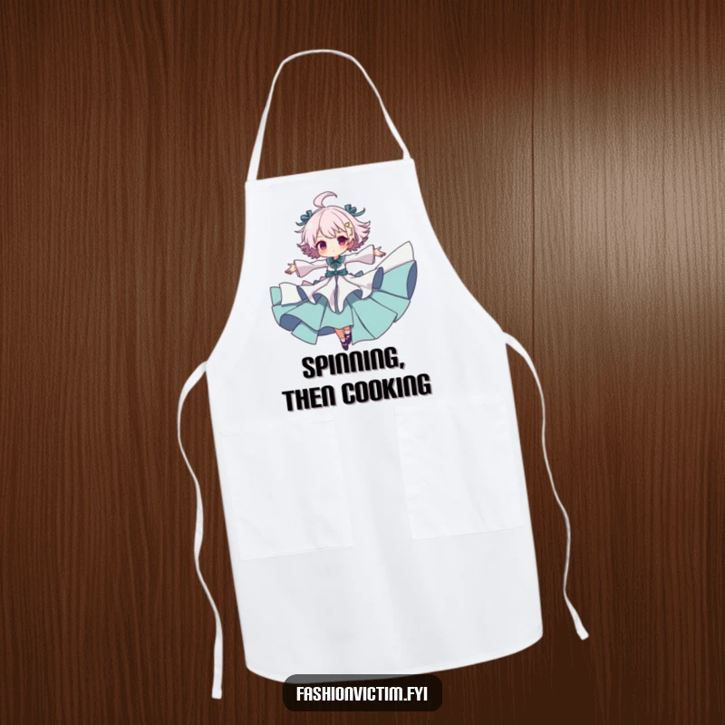 Funny apron showing a character in ruffled clothing spinning with arms out, adding theatrical humor to cooking and kitchen adventures.