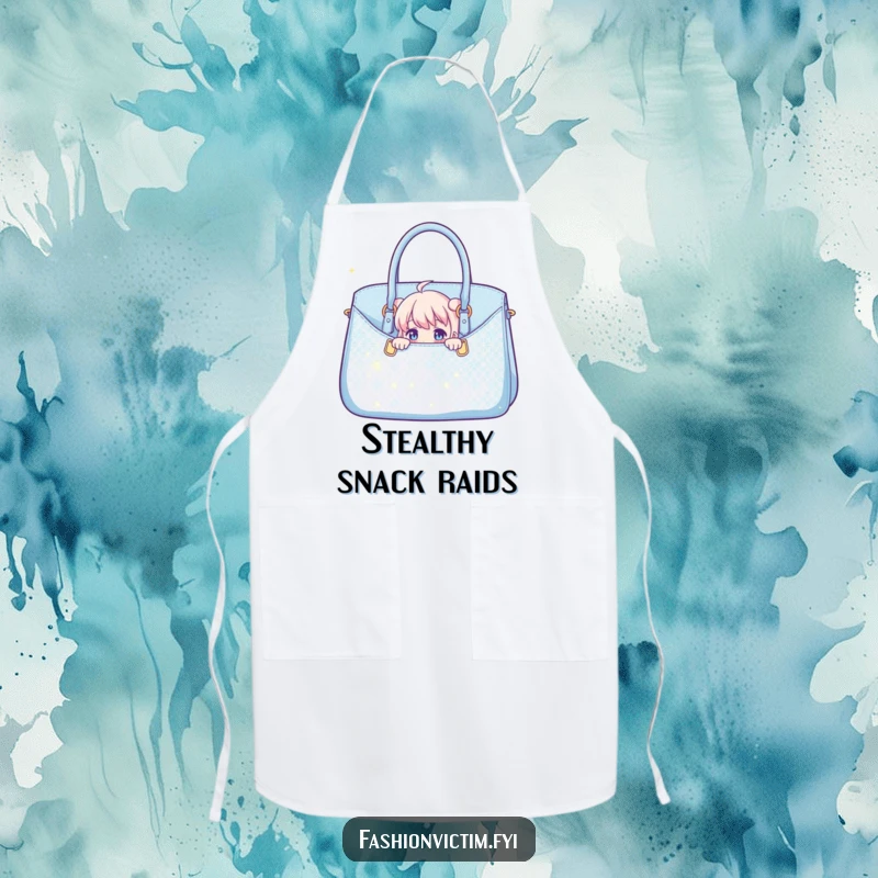 Funny apron illustration of a character peeking from a glamorous, sparkly handbag, ideal for a stylish and humorous cook.