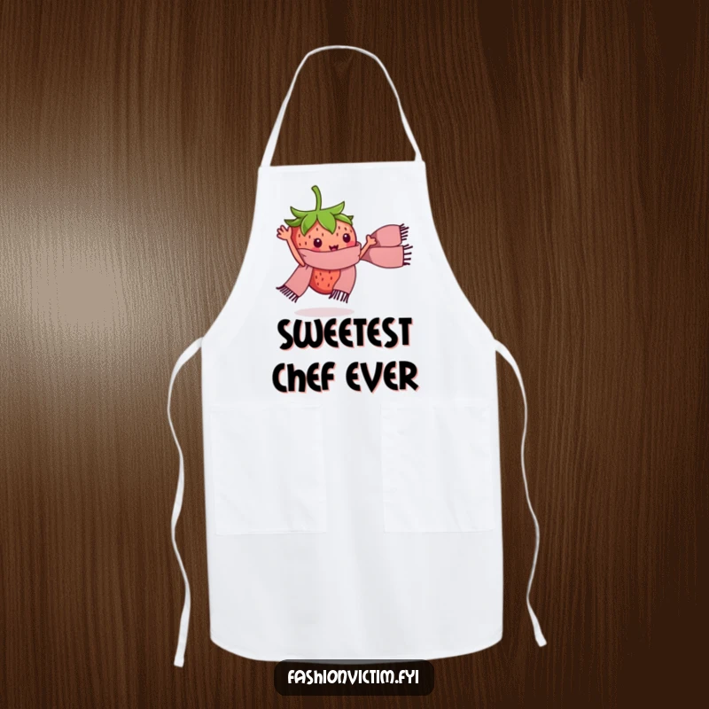 Funny apron with a tiny strawberry character waving a miniature stylish scarf. Humorous kitchen wear gift.