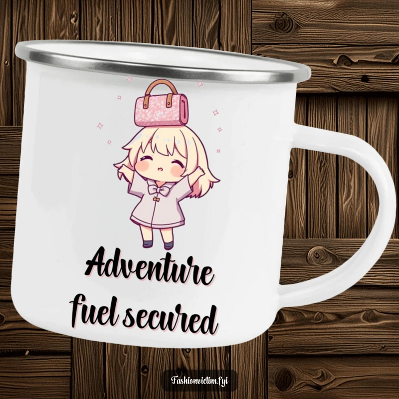 Funny Camping Mug showing a character joyfully spinning a sparkly handbag overhead, ideal for outdoor use and a good laugh.