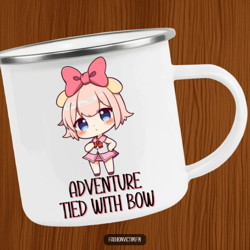 Funny camping mug featuring a confident girl character with a huge bow, posing boldly, perfect for outdoor humor.