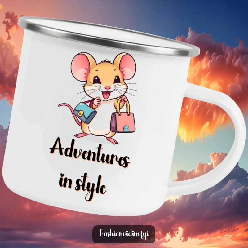 Funny camping mug with a tiny mouse joyfully holding a miniature designer handbag, perfect for outdoor sips with a touch of humor.