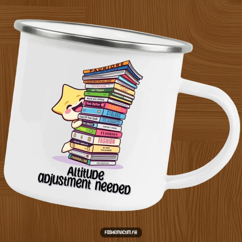 Funny star character laughing while trying to balance a tall stack of fashion magazines on a sturdy camping mug.