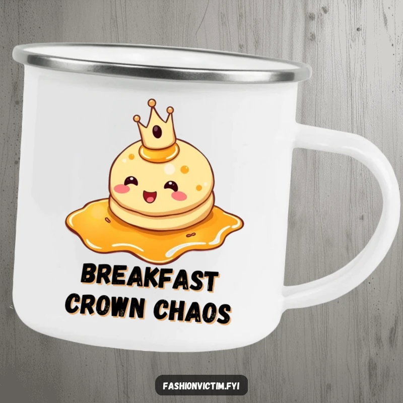 Funny pancake camping mug, a crowned pancake tripping in syrup, durable for outdoor use, adding humor.