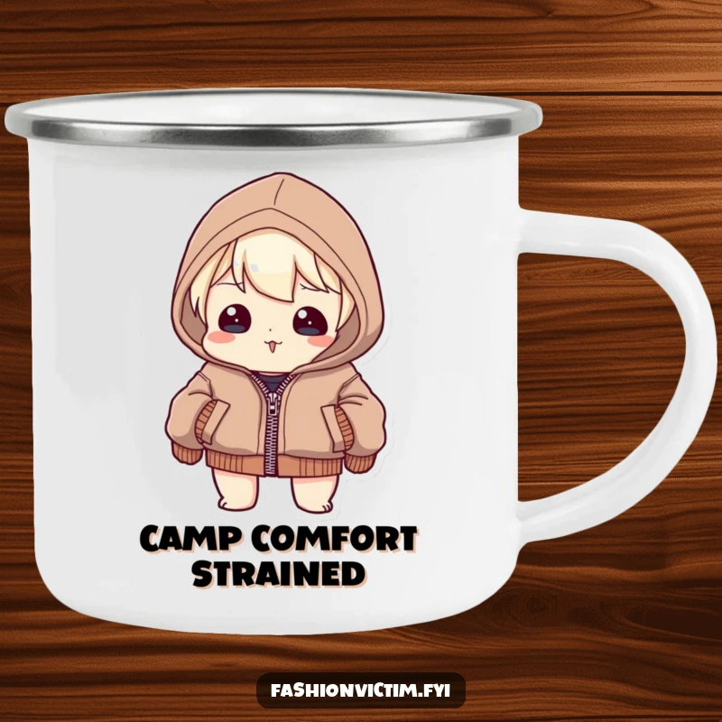 Funny Camping Mug: Character straining to zip a jacket that is clearly too small, seams bulging, perfect for outdoor enthusiasts.