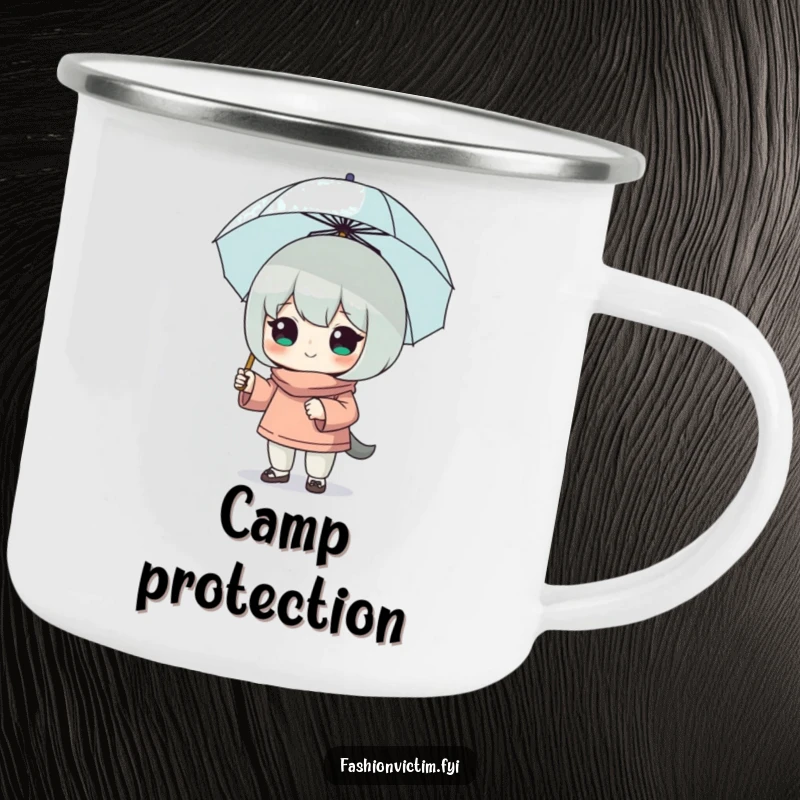 Funny camping mug of a character striking a cool pose with a tiny umbrella, ready for outdoor adventures with humorous, self-assured style.