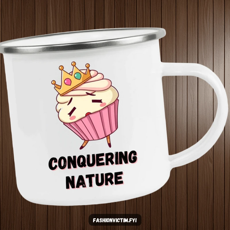 Funny camping mug featuring a confused cupcake wearing a tiny backward crown and tripping.