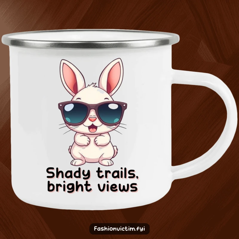 Funny camping mug showing a small bunny gleefully wearing gigantic sunglasses; brings cool vibes and humor to outdoor adventures.