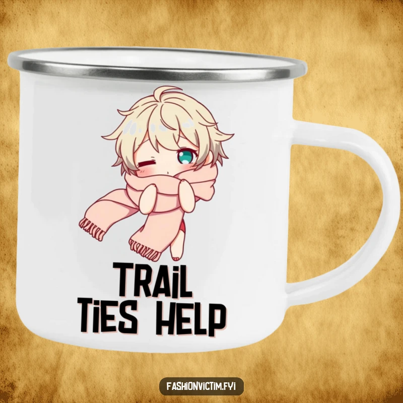 Funny camping mug featuring a character looking bewildered while tangled in a long, flowing scarf, a humorous outdoor accessory.